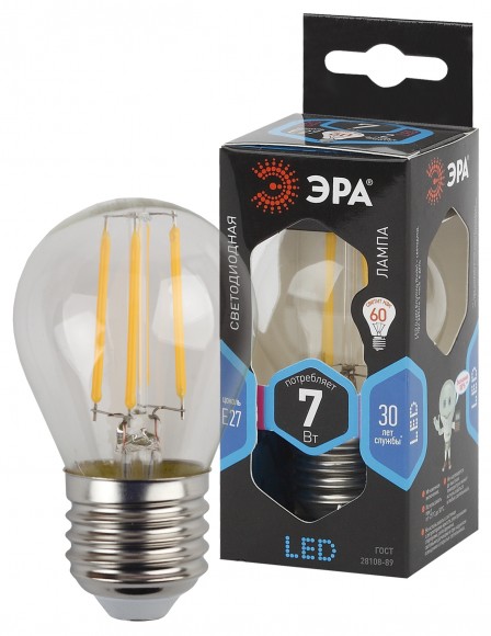 Б0027949 Лампочка светодиодная ЭРА F-LED P45-7W-840-E27 E27 / Е27 7Вт филамент шар нейтральный белый свет