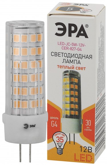 Б0049087 Лампочка светодиодная ЭРА STD LED JC-5W-12V-CER-827-G4 G4 5 Вт керамика капсула теплый белый свет