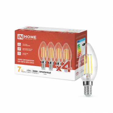 Лампа сд LED-СВЕЧА-deco 4PACK 7Вт 230В Е14 3000К 810Лм (4шт./упак) прозрачная IN HOME 4690612053431