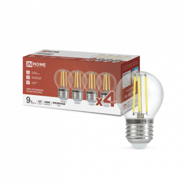 Лампа сд LED-ШАР-deco 4PACK 9Вт 230В Е27 4000К 1040Лм (4шт./упак) прозрачная IN HOME 4690612052564